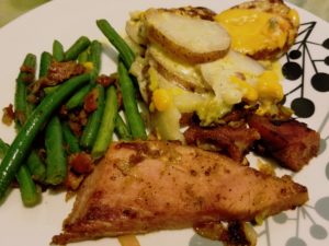 Tonights dinner: Reheated cheesy potatoes with extra cheese, green beans with bacon and shallots & ham with a honey dijon shallot and scallions sauce.